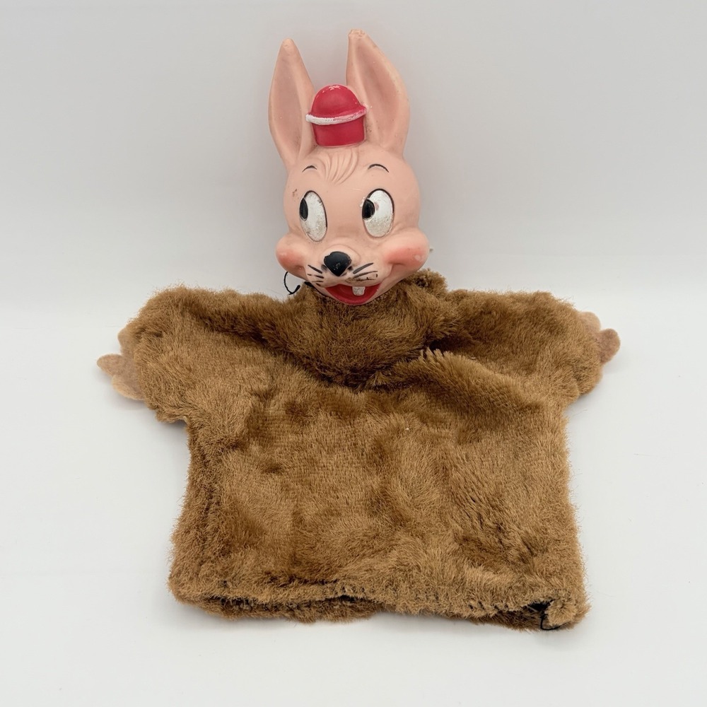 Vintage Bunny Rabbit Hand Puppets Rubber Head Fur Body 1950s Rare